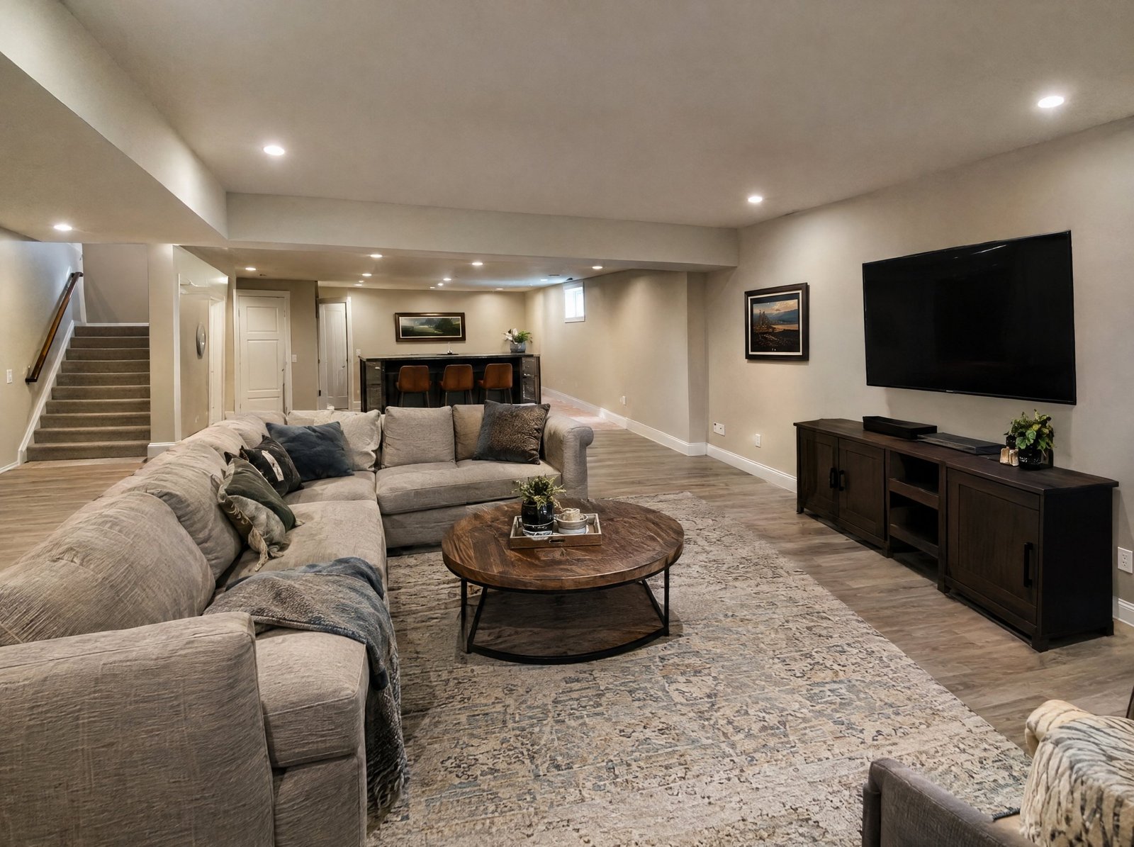 Finished basement living space with recessed lighting
