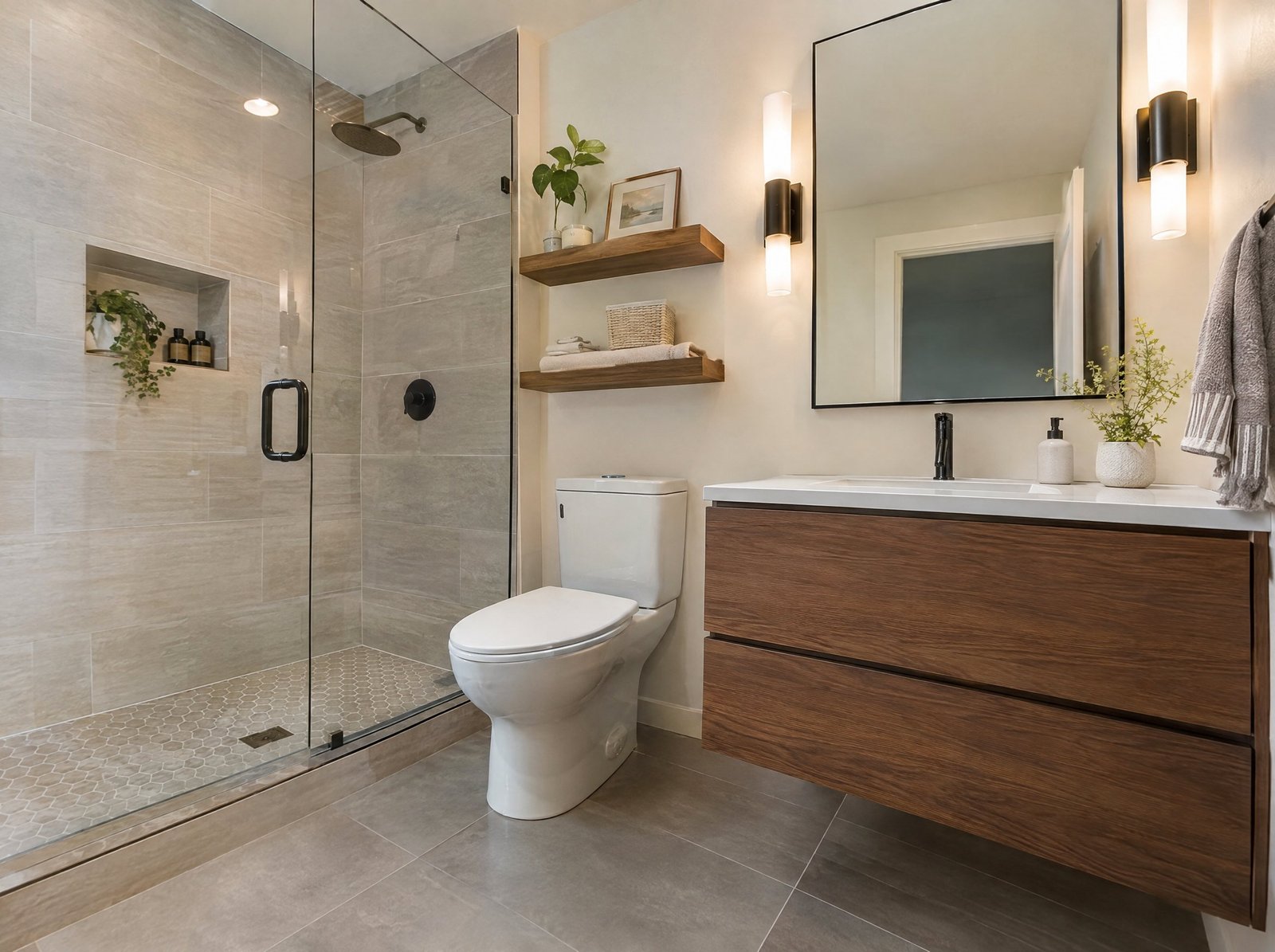 Remodeled bathroom with tile shower and modern vanity