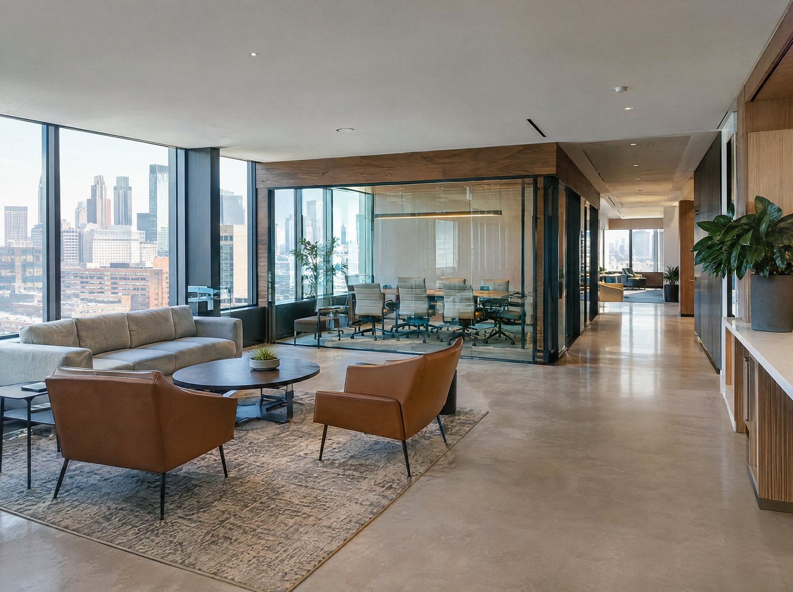 Modern commercial interior with glass, wood and neutral finishes