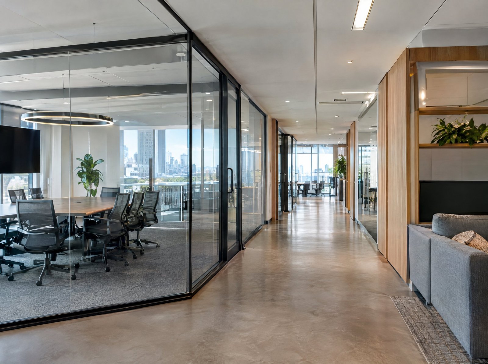 Renovated office interior with glass partitions and modern lighting