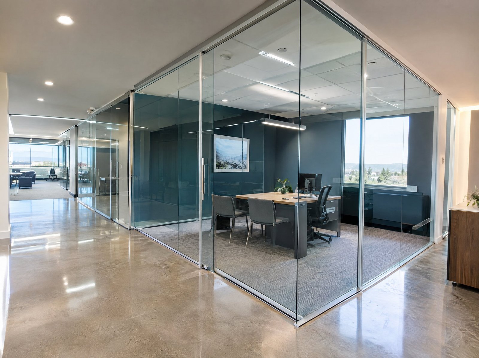 Remodeled office interior with new flooring, lighting and glass partitions