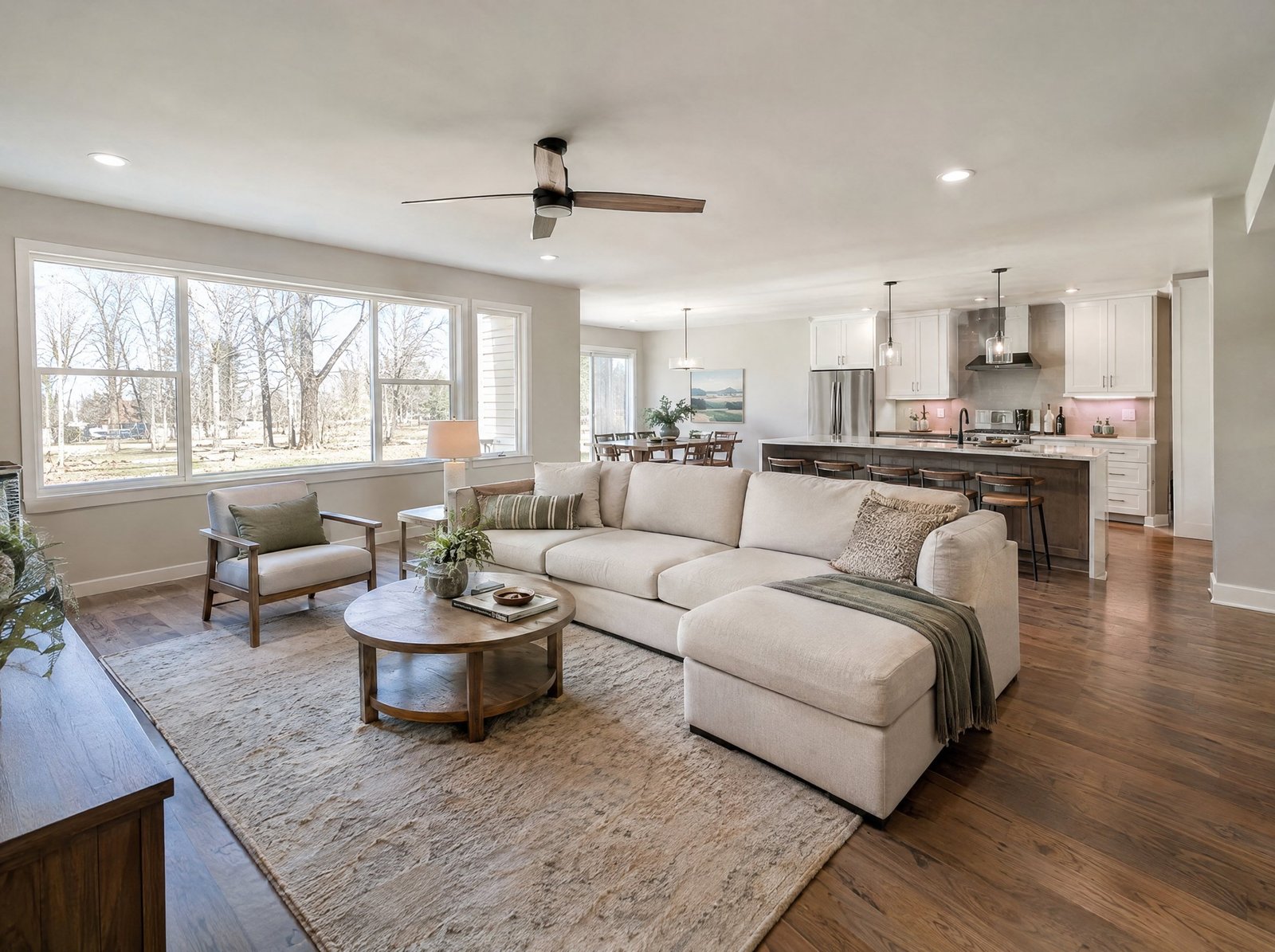 Open-plan living and kitchen area after a full home renovation
