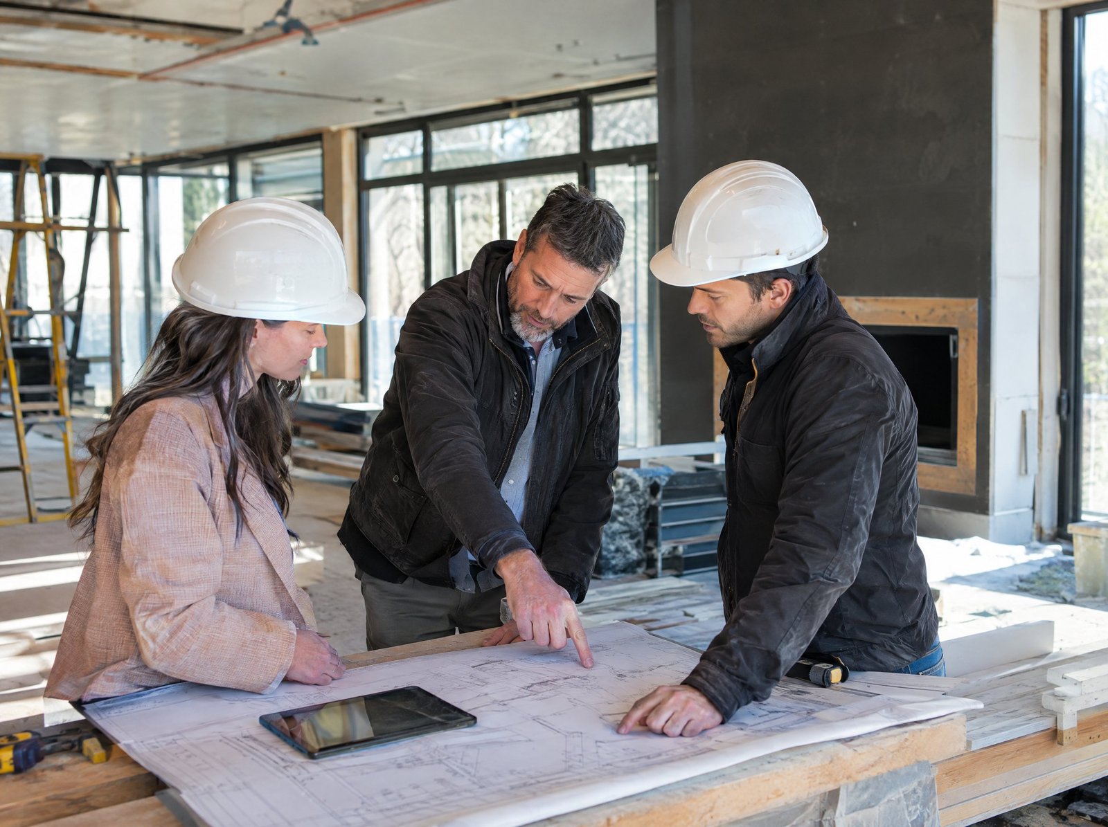 Architectural drawings reviewed on an organized renovation site