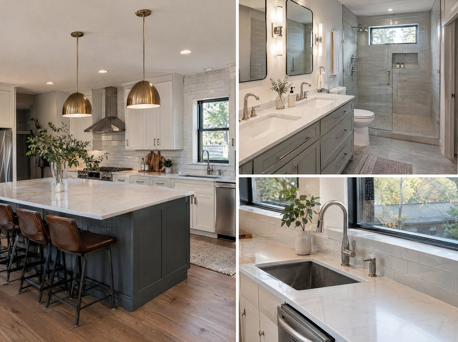 Remodeled kitchen with clean cabinetry and quartz counters