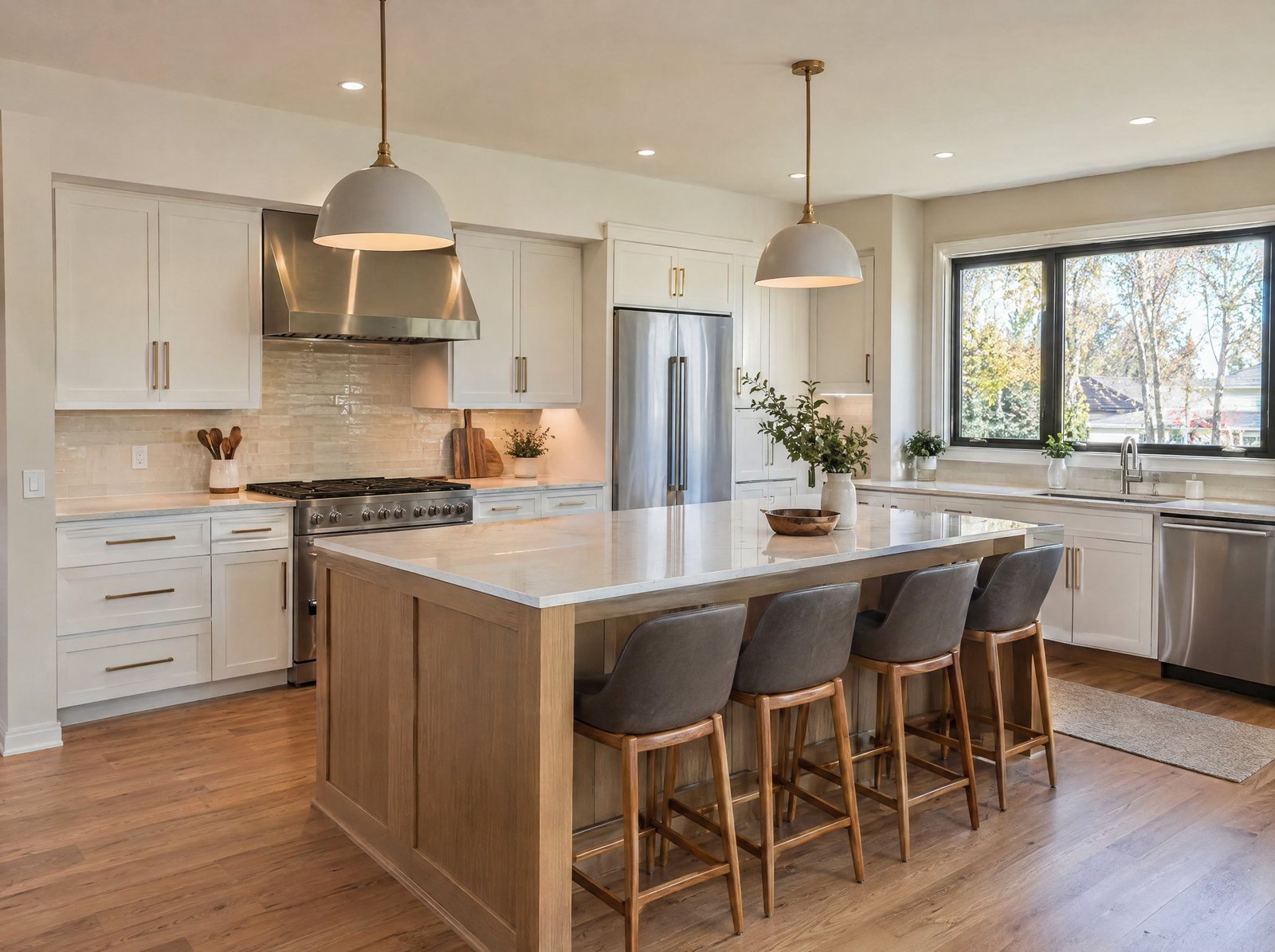 Remodeled kitchen with quartz counters and warm neutral materials