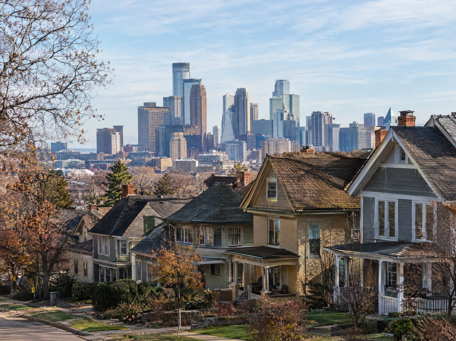Minneapolis neighborhood homes with the downtown skyline beyond
