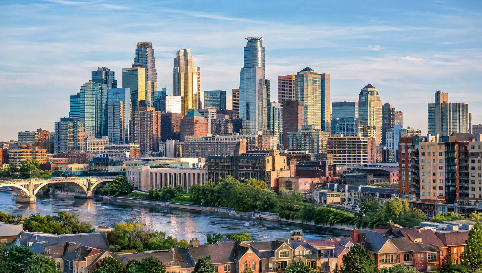 Minneapolis and St. Paul skyline and neighborhoods in daylight