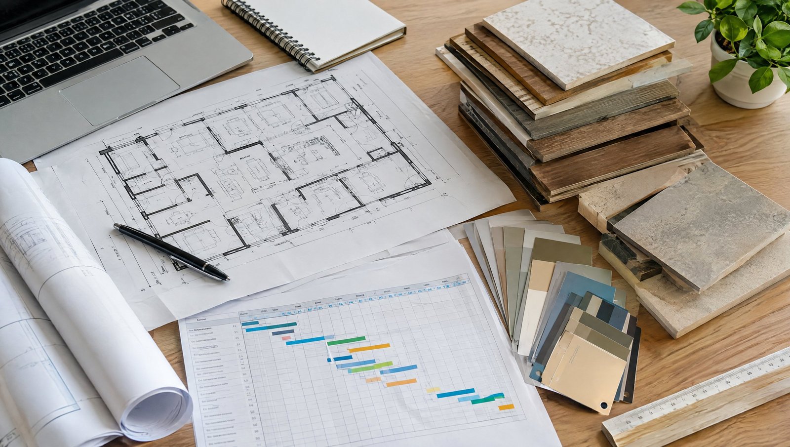 Architectural plans, schedule and material samples arranged on a desk