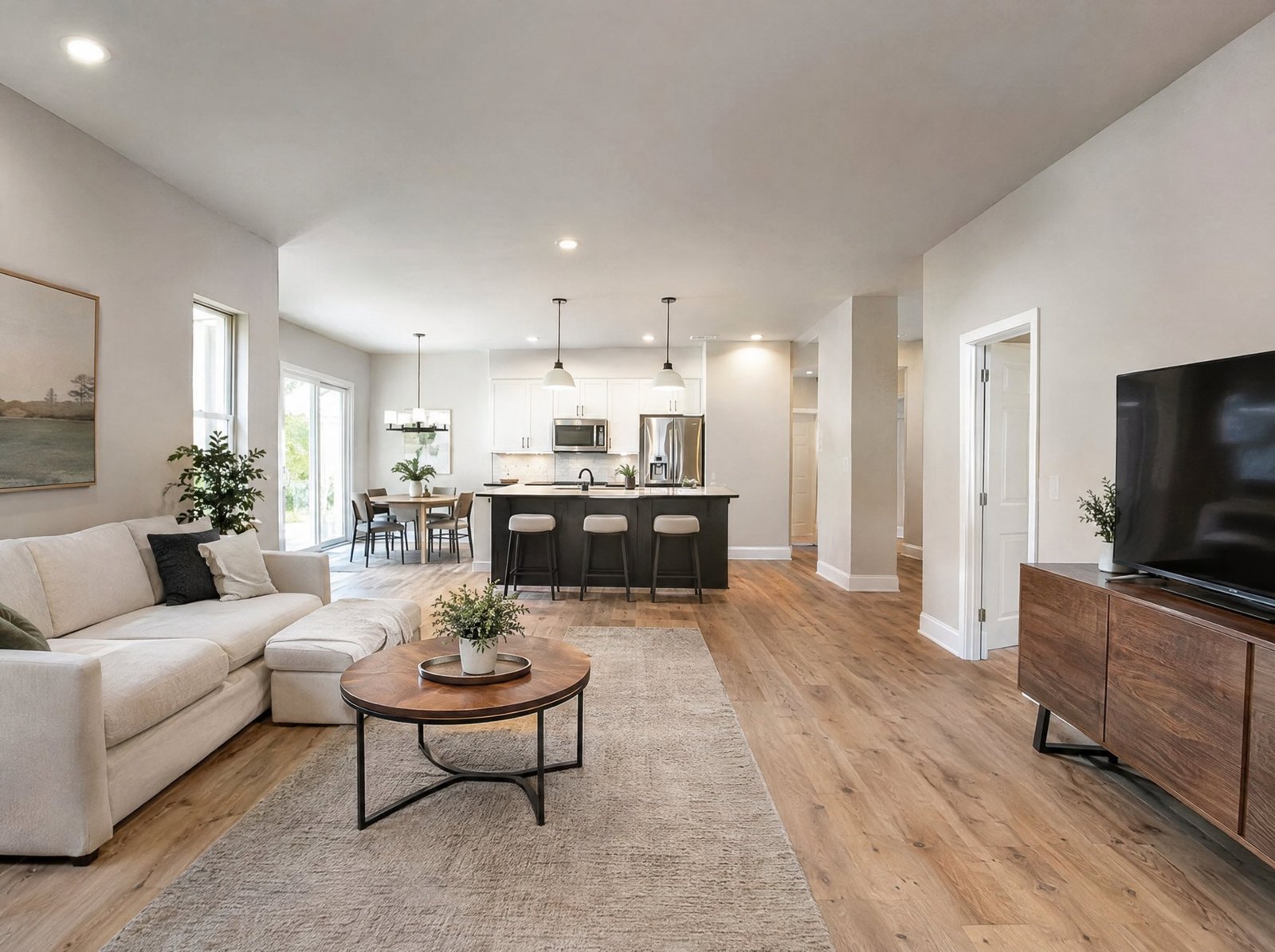 Bright, freshly painted home interior with new flooring