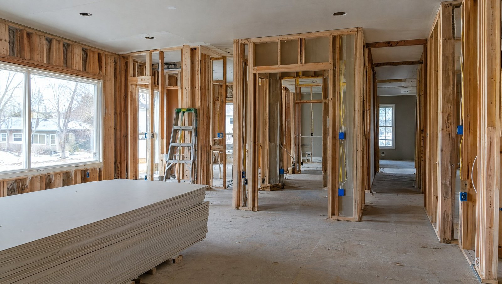 Interior wall framing during a residential construction project