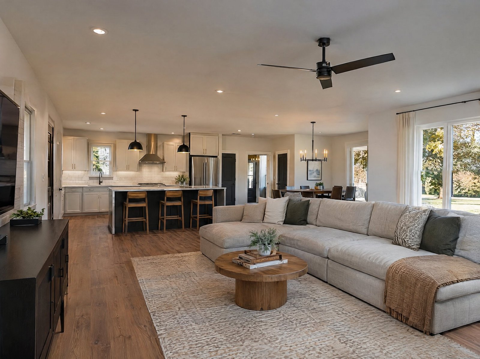 Home interior with cohesive new flooring, doors and lighting